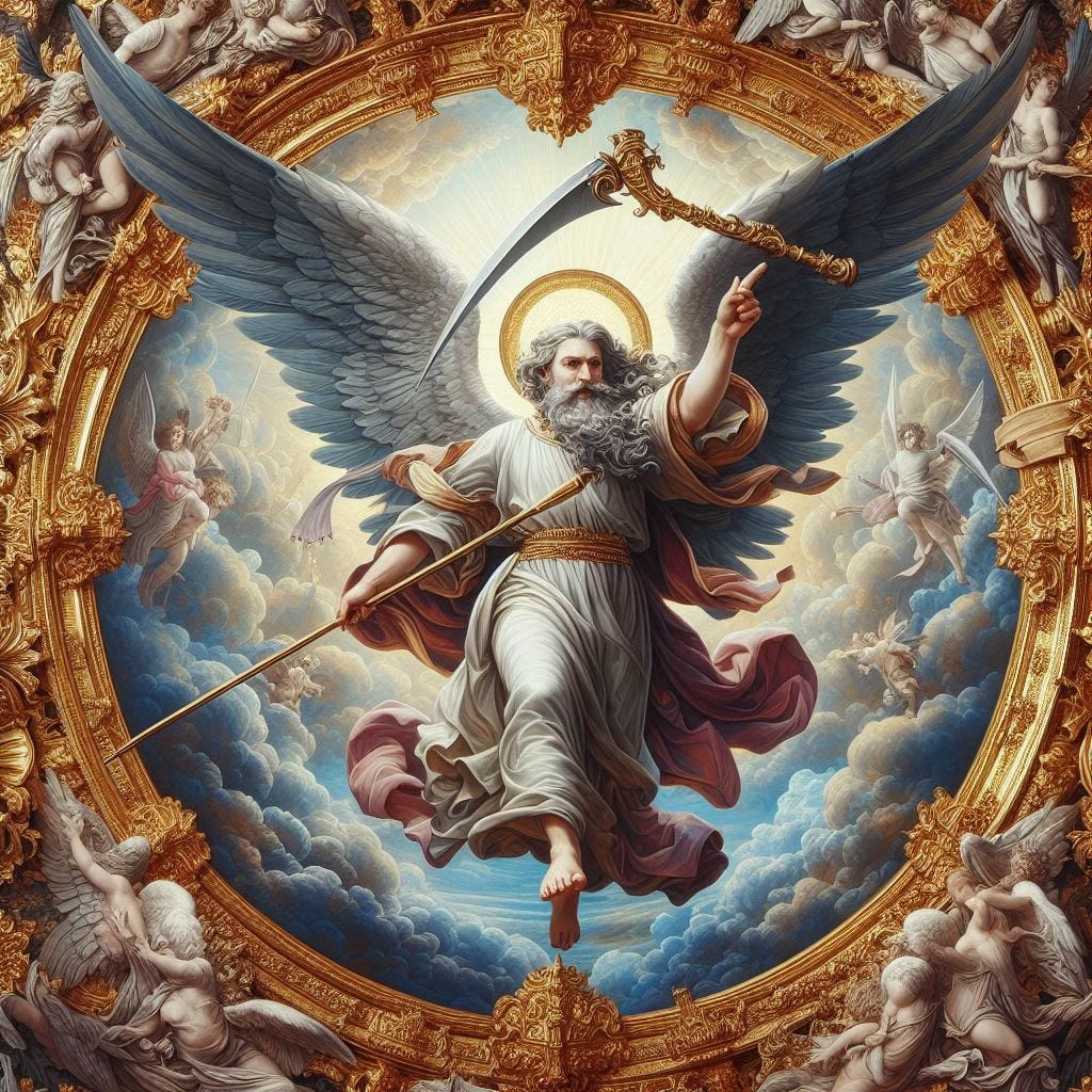 an angel coming from the temple with a sharp sickle