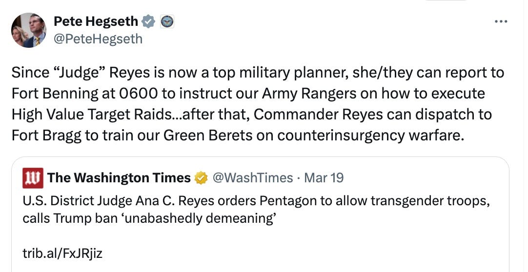 Since “Judge” Reyes is now a top military planner, she/they can report to Fort Benning at 0600 to instruct our Army Rangers on how to execute High Value Target Raids…after that, Commander Reyes can dispatch to Fort Bragg to train our Green Berets on counterinsurgency warfare. Since “Judge” Reyes is now a top military planner, she/they can report to Fort Benning at 0600 to instruct our Army Rangers on how to execute High Value Target Raids…after that, Commander Reyes can dispatch to Fort Bragg to train our Green Berets on counterinsurgency warfare.