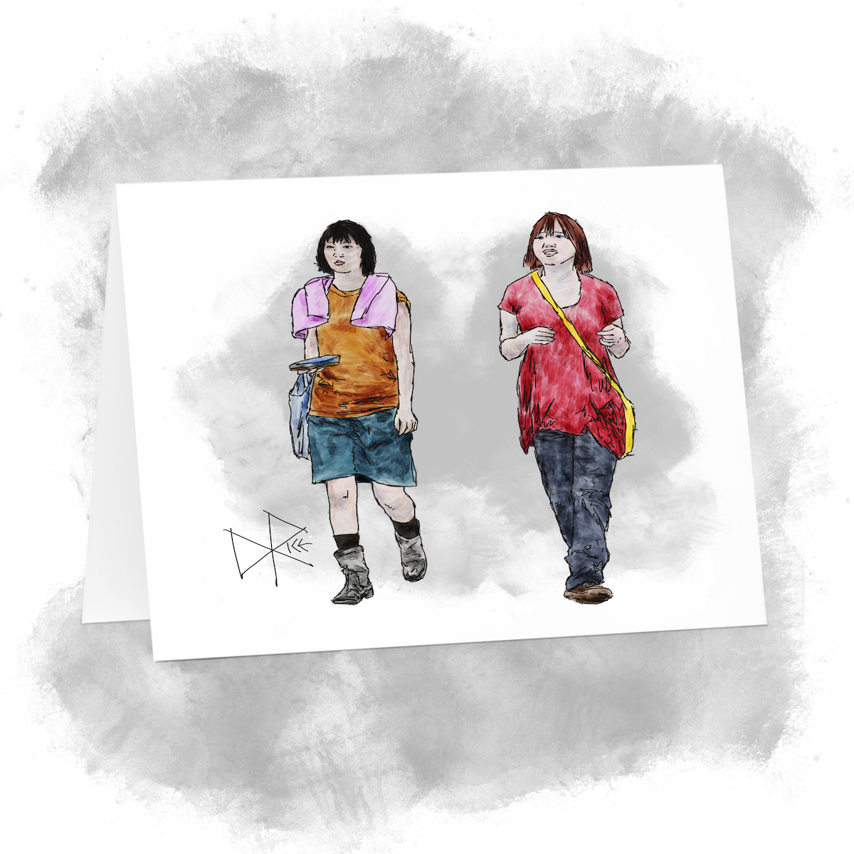 Two young women in brightly coloured spring fashion, walking outdoors on a warm sunny day. Sketch art by Don Rice.