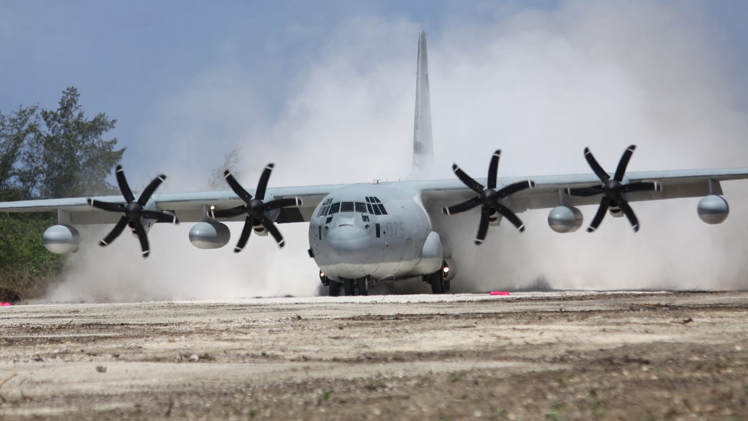 A KC-130J Hercules aircraft lands on Tinian Island's North Field runway, May 30, during Exercise Geiger Fury 2012. The aircraft was the first to land on the runway since 1947. The runway was cleared and repaired by elements of Marine Wing Support Squadron 171 during Exercise Geiger Fury 2012 which is intended to increase aviation readiness and simulate operations in a deployed austere environment. The aircraft is with Marine Aerial Refueler Transport Squadron 152, Marine Aircraft Group 36, 1st Marine Aircraft Wing, III Marine Expeditionary Force. MWSS-171 is with MAG-12, 1st MAW, III MEF.