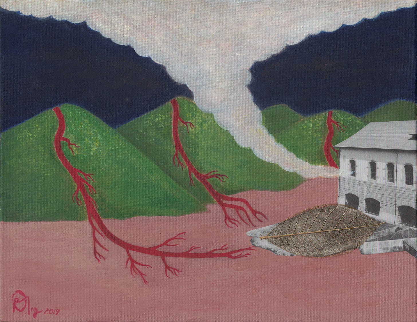 A mixed media artwork depicting a landscape with green hills that have flowing, red arteries that slide down towards a flesh-coloured ground. There is a paper collage cutout of a black-and-white house on the right of these hills, with a golden leaf stuck to the base, and a billowing cloud of translucent white smoke that is coming from one of the windows of the house. The smoke expands outwards and fills the top of the painting.