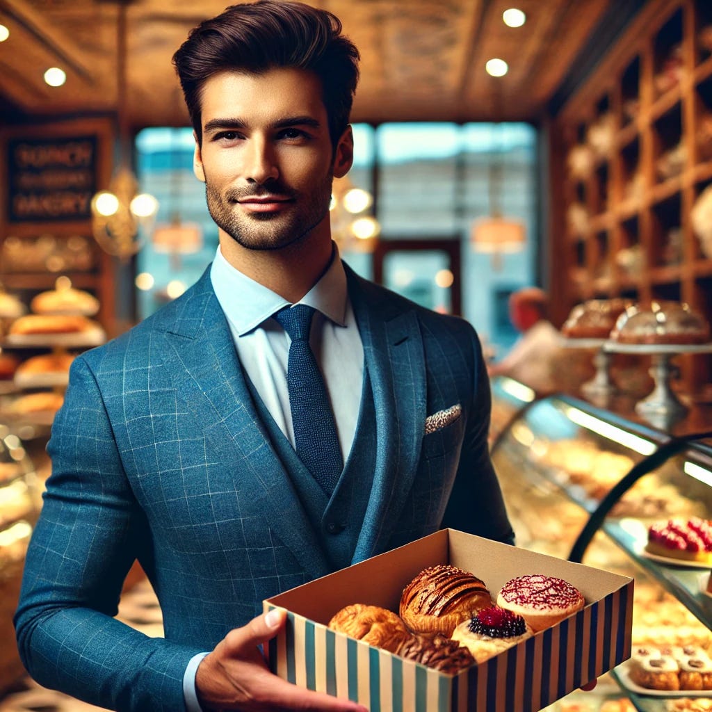 A tall, handsome, and wealthy man wearing a sharp blue suit in a well-lit French bakery, now holding a box of assorted pastries. The man has a satisfied and confident expression on his face, as if he has made the perfect choice. The bakery background is vibrant and filled with various pastries on display, with warm lighting adding a cozy and elegant ambiance.