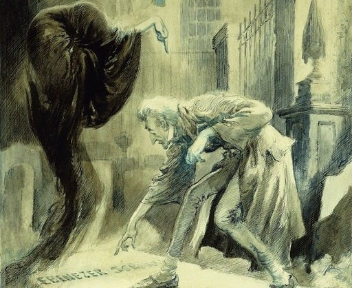 The Ghost of Christmas Yet to Come: Ebeneezer Scrooge - Everett Shinn as  art print or hand painted oil.