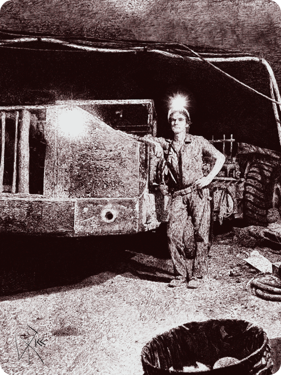 A man stands beside the ramcar that he drove in the Cory Mine, digging for potash in Saskatchewan. Sketch art by Don Rice.