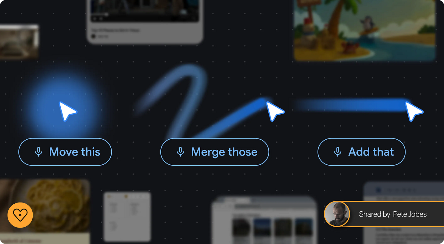 A demonstration of Google DeepMind's AI pointer interface. Three white mouse cursors leave glowing blue trails pointing to action buttons labeled "Move this," "Merge those," and "Add that," illustrating how users can combine simple voice gestures with shorthand commands on a dark, gridded canvas. A demonstration of Google DeepMind's AI pointer interface. Three white mouse cursors leave glowing blue trails pointing to action buttons labeled "Move this," "Merge those," and "Add that," illustrating how users can combine simple voice gestures with shorthand commands on a dark, gridded canvas.