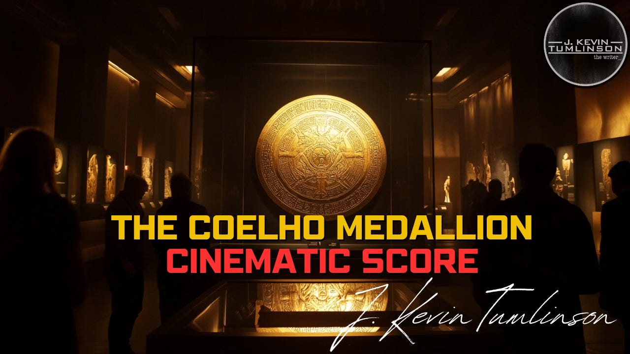 The Coelho Medallion Cinematic Score. People in a museum with dramatic lighting, looking at a large medallion on display.