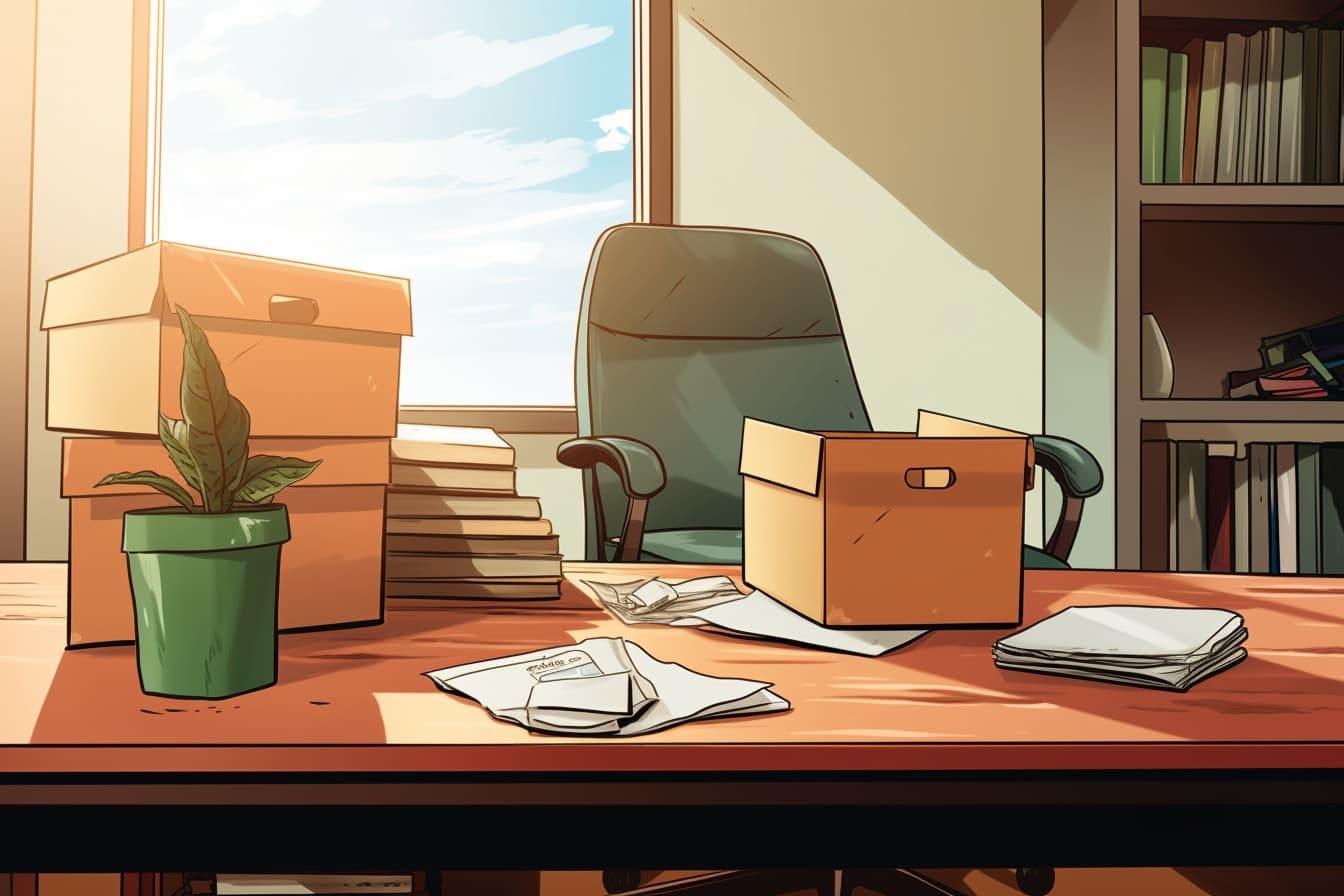 an office desk with an open box sitting on top, packing up and leaving after quitting a job