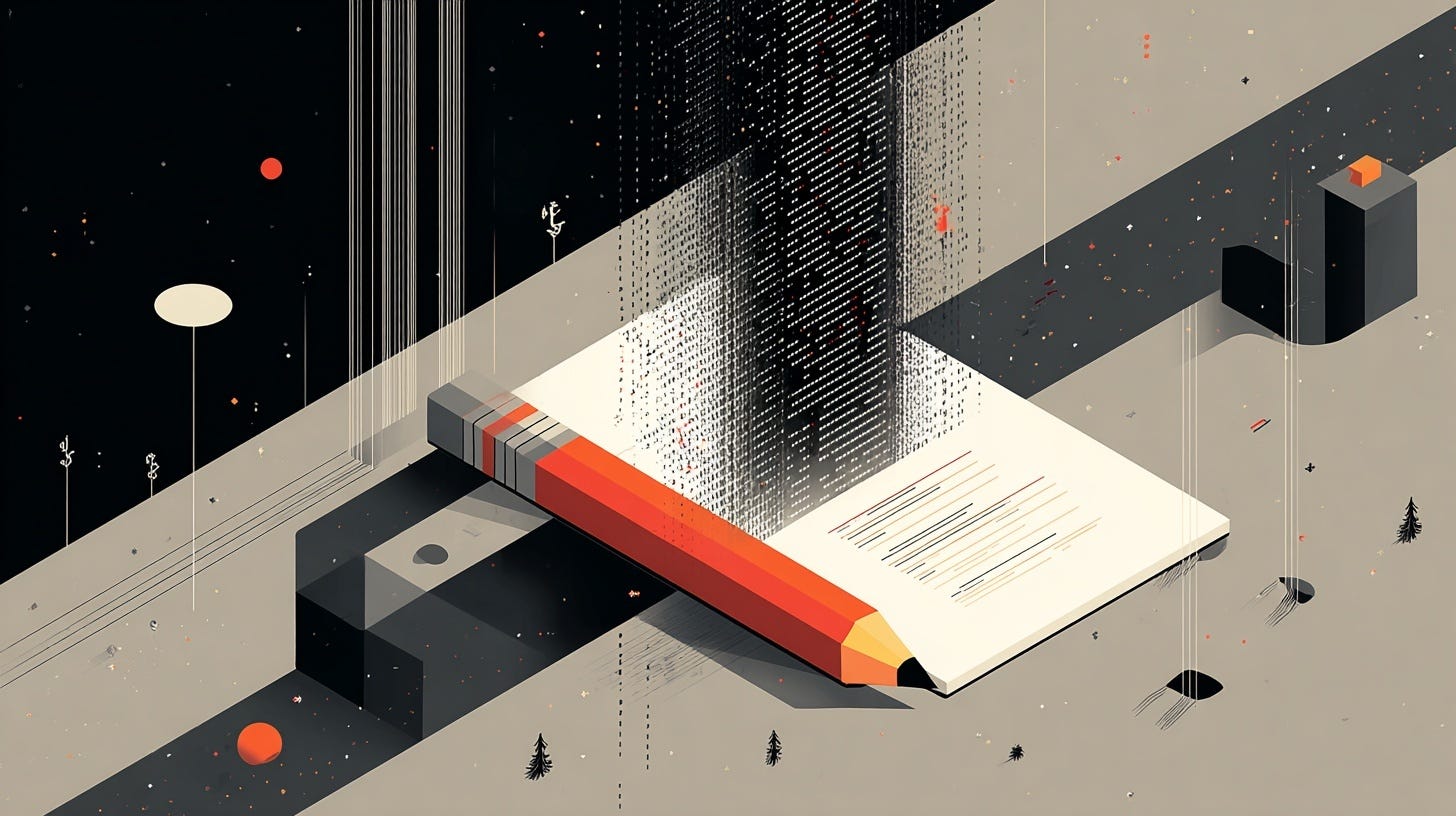 A large red and gray pencil rests diagonally across an open notebook under a cascade of digital-looking rain made of binary code. The minimalist scene blends natural and digital elements—tiny trees and geometric shapes dot the landscape, while streams of data fall from the dark sky—symbolizing the intersection of creativity, technology, and written expression. A large red and gray pencil rests diagonally across an open notebook under a cascade of digital-looking rain made of binary code. The minimalist scene blends natural and digital elements—tiny trees and geometric shapes dot the landscape, while streams of data fall from the dark sky—symbolizing the intersection of creativity, technology, and written expression.