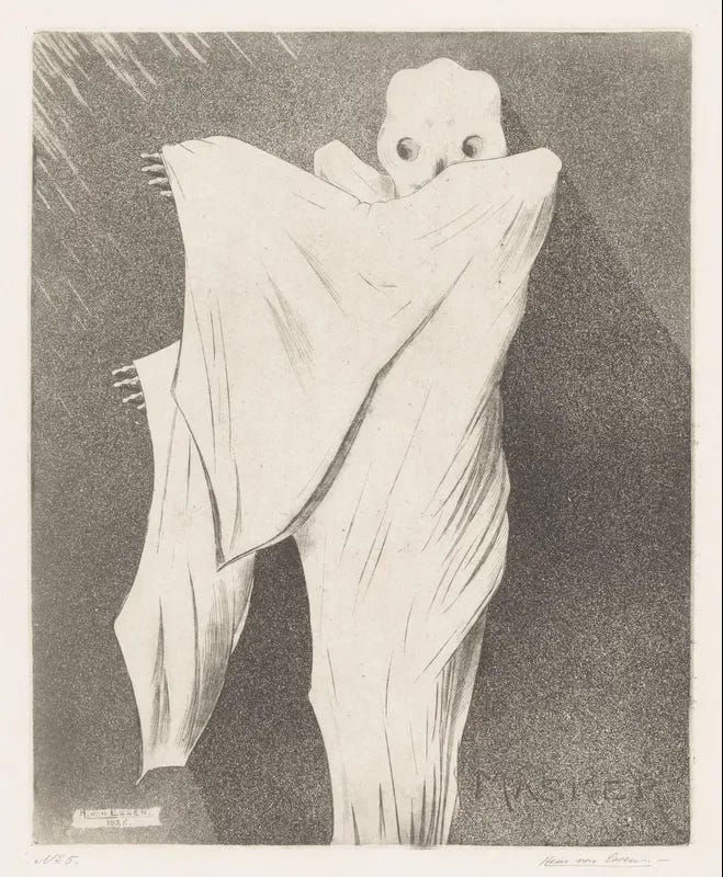A gray and white aquatint etching by Dutch graphic artist Hein von Essen from his "Mask” series. It shows a person wrapped in a white sheet or cloth with their pointing to one side, fingers splayed. They are wearing a pale mask with hollow circles for eyes. The effect is ghostly.