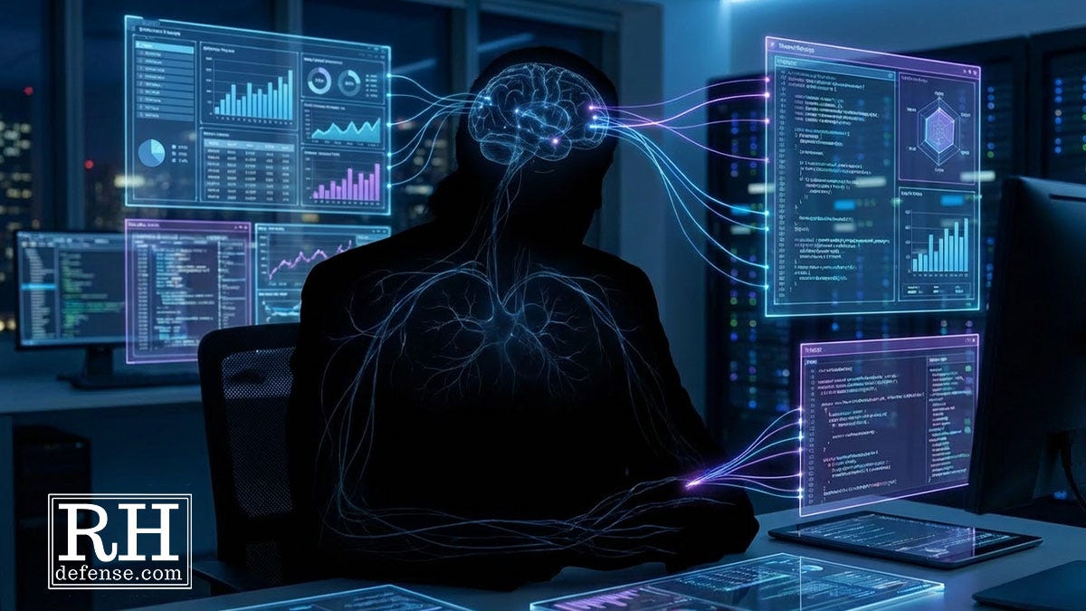 Silhouetted human figure with glowing neural pathways extending from the brain into surrounding digital screens and interfaces.
