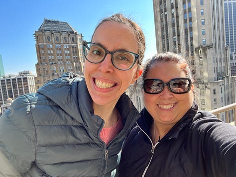 images of streets, rivers and bridges in New York, as well as a photo of two friends