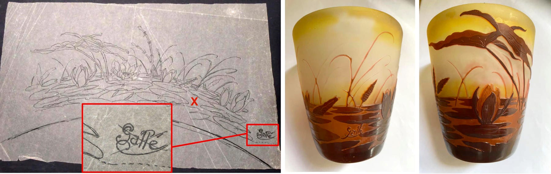 Left, pouncing pattern for a sagittarius and waterlilies series, with the Gallé signature crossed out, Anticthermal 18.02.2022; right, a specimen of the corresponding vase, with a Mk III signature (pictures courtesy of Julian Powis, 2023). Left, pouncing pattern for a sagittarius and waterlilies series, with the Gallé signature crossed out, Anticthermal 18.02.2022; right, a specimen of the corresponding vase, with a Mk III signature (pictures courtesy of Julian Powis, 2023).