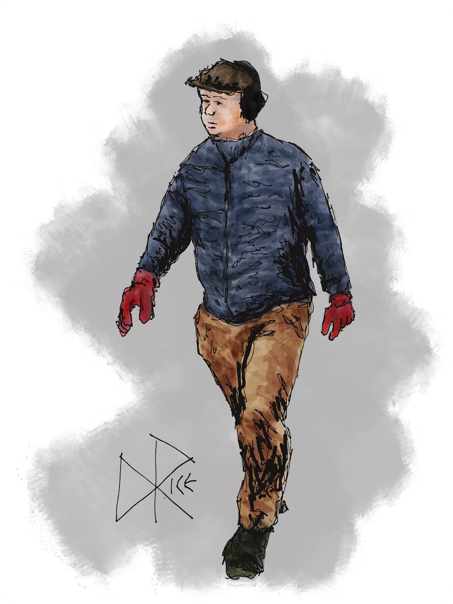 A man walking. A large set of headphones straddles across his cap as he swings his red-gloved hands. Sketch art by Don Rice. A man walking. A large set of headphones straddles across his cap as he swings his red-gloved hands. Sketch art by Don Rice.
