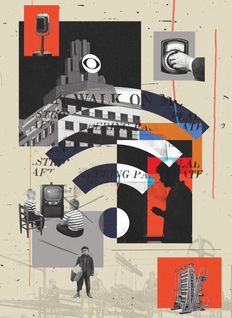 Collages by Mark Harris. Source images: Silhouette © Magalí Druscovich/Reuters/Redux; building © David Zanzinger/Alamy; radio dial and children watching television © Classic Stock/Alamy; newsboy courtesy Lewis Wickes Hine, Library of Congress; paper press © Luisa Fumi/Alamy; front page of the New York Times, July 21, 1969 © magnez2/iStock; printing press, Times of London, 1827 © Lebrecht Alamy; microphone © Olga Yastremska/Alamy Collages by Mark Harris. Source images: Silhouette © Magalí Druscovich/Reuters/Redux; building © David Zanzinger/Alamy; radio dial and children watching television © Classic Stock/Alamy; newsboy courtesy Lewis Wickes Hine, Library of Congress; paper press © Luisa Fumi/Alamy; front page of the New York Times, July 21, 1969 © magnez2/iStock; printing press, Times of London, 1827 © Lebrecht Alamy; microphone © Olga Yastremska/Alamy