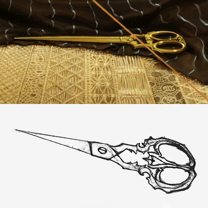 LEFT: Detail from NIOBE featuring a woman in a black pinstripe dress seated with her legs crossed as she carefully measures thread. The neckline of her dress is held together by ornament that resembles a spider. A web is featured prominently behind her with her head at the center. RIGHT: Painting detail compared with the preliminary sketch of the scissors with Death’s head pattern. Woven in the pattern of the rug is the artist’s sigil, a stylized M and W crossed by a diagonal inside a circle, and the year ‘85.