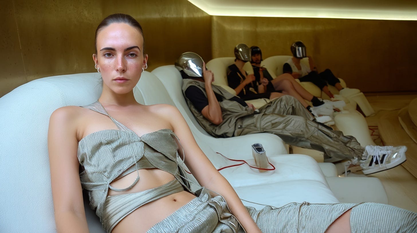 AI-generated fashion portraits by photographer Tobias Schneider, featuring the author in hyperreal, futuristic lounge environments. Created for an article exploring source monitoring error, memory distortion, and the psychological impact of seeing oneself in fictional yet photorealistic settings.