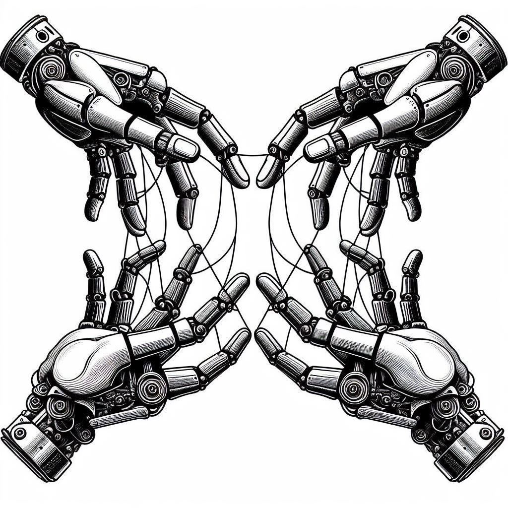 Four robotic hands connected via wires