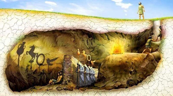 Side view perspective of Plato's Cave with a prisoner having found freedom from the illusion. Side view perspective of Plato's Cave with a prisoner having found freedom from the illusion.