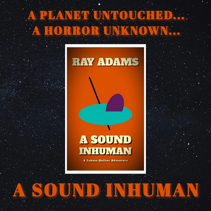On the left, a promotional image of the book, featuring the cover over a starry background, with the words "A planet untouched, a horror unknown, a sound inhuman", and on the right, a proof copy on my dining room table