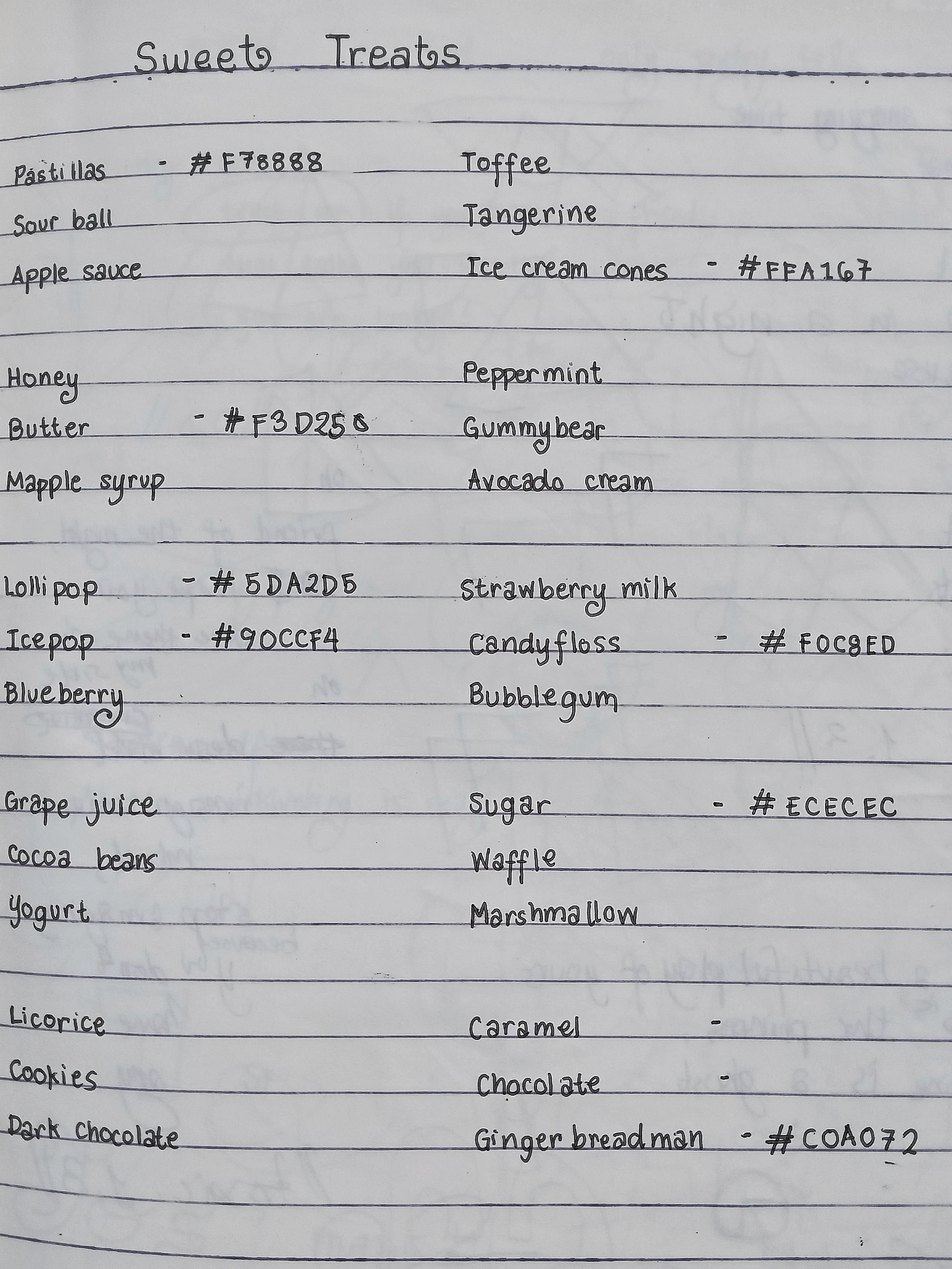 A handwritten list of sweet treats and desserts with some items having color hex codes noted beside them.