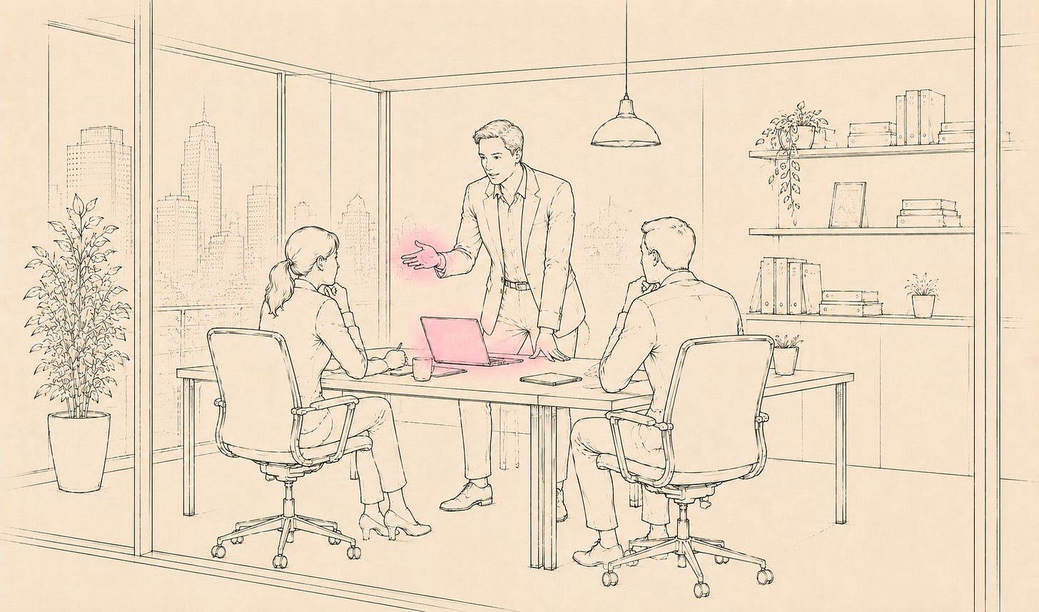 Minimalist office illustration of a male leader facilitating a discussion with two seated colleagues in front of a presentation board, with soft pink highlights on the leader's hand and the laptop.
