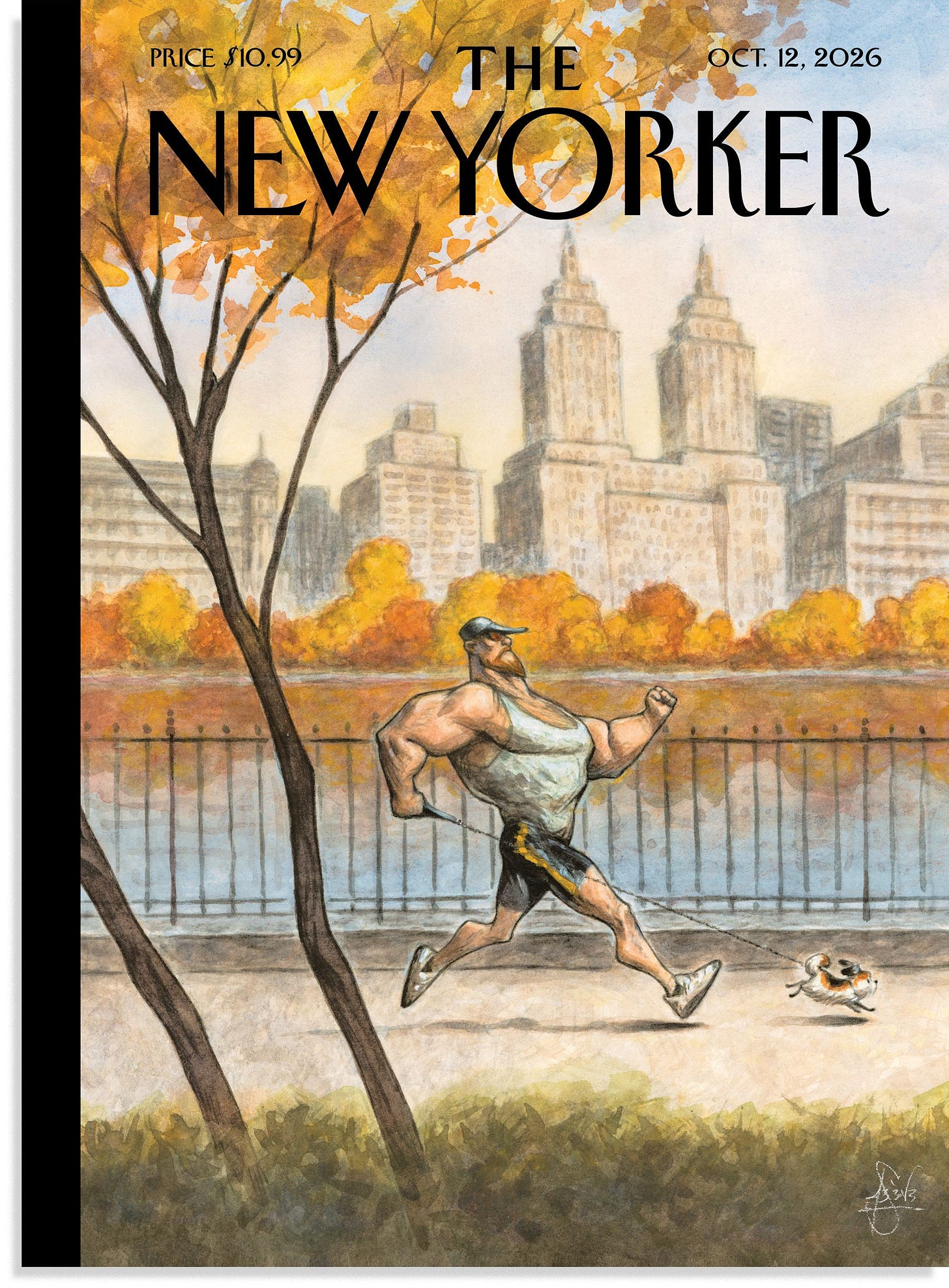 The cover of the October 12 2026 issue of The New Yorker which features a muscular man jogging in Central Park with his... The cover of the October 12 2026 issue of The New Yorker which features a muscular man jogging in Central Park with his...