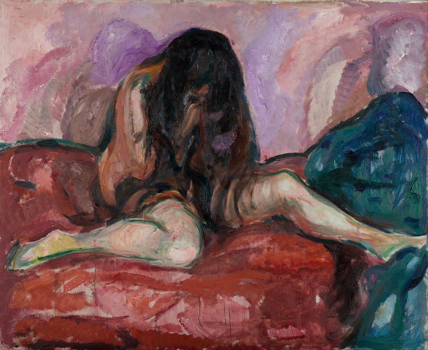 A painting of a naked woman with long black hair and splayed legs crying on a red and green bed