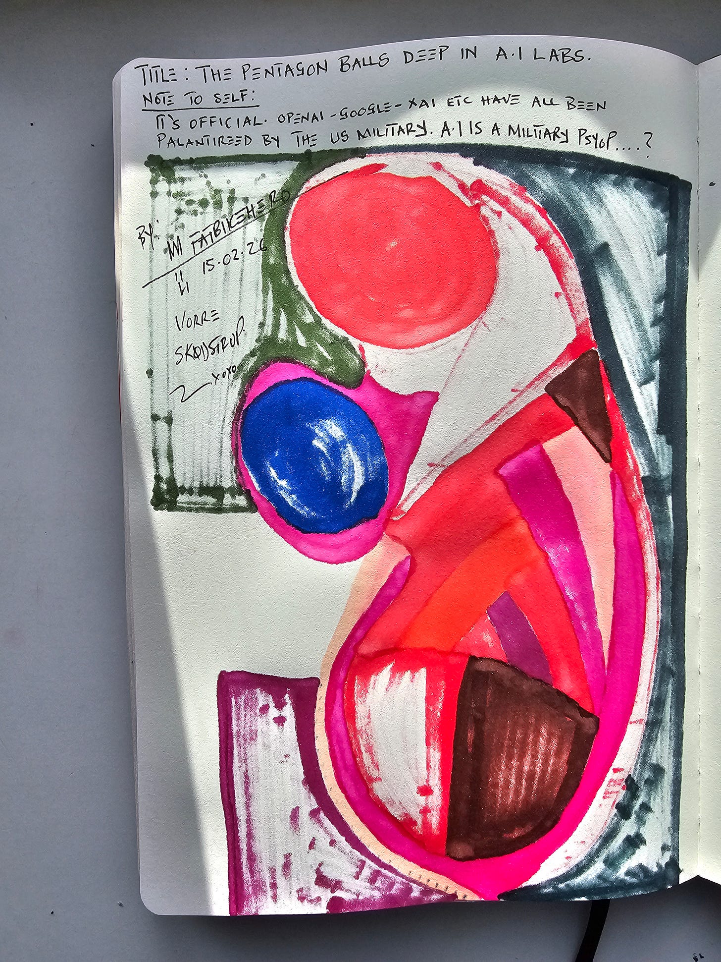 Mixed media abstract composition with handwritten note referencing AI corporations and U.S. military involvement.