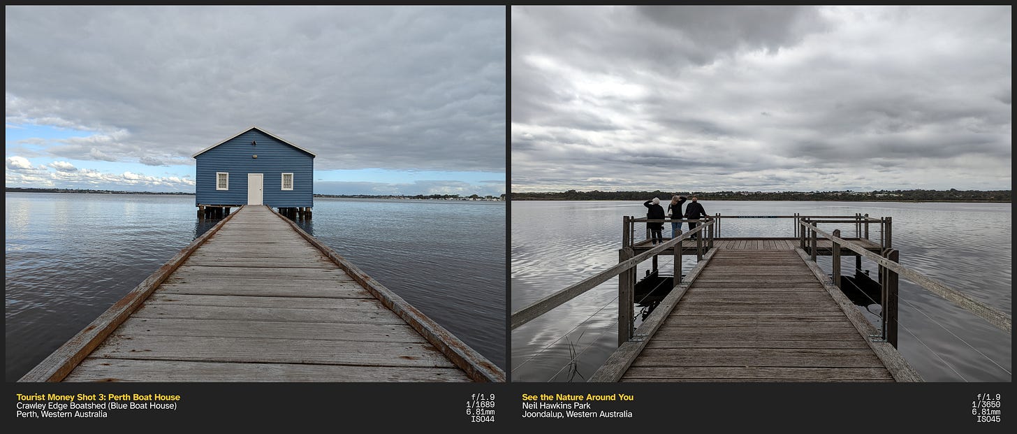 Left: A pier leads to a blue boat house, it is surrounded by a body of water on a cloudy day; Right: A lake's viewing dock with three people standing on the left side. The sky is overcast with grey clouds