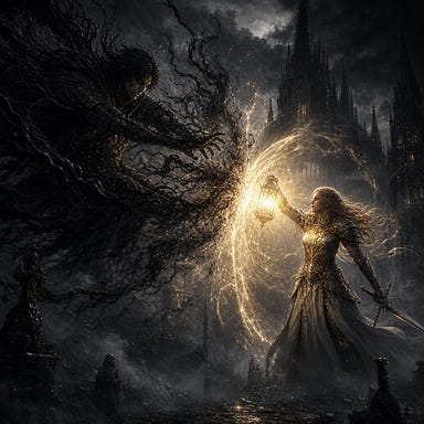 Varnyx attacking Clarion’s faith—necrotic magic crashing against Clarion’s divine radiance, her stance unbroken, Barovian Gothic mist roiling with the clash of shadow and light