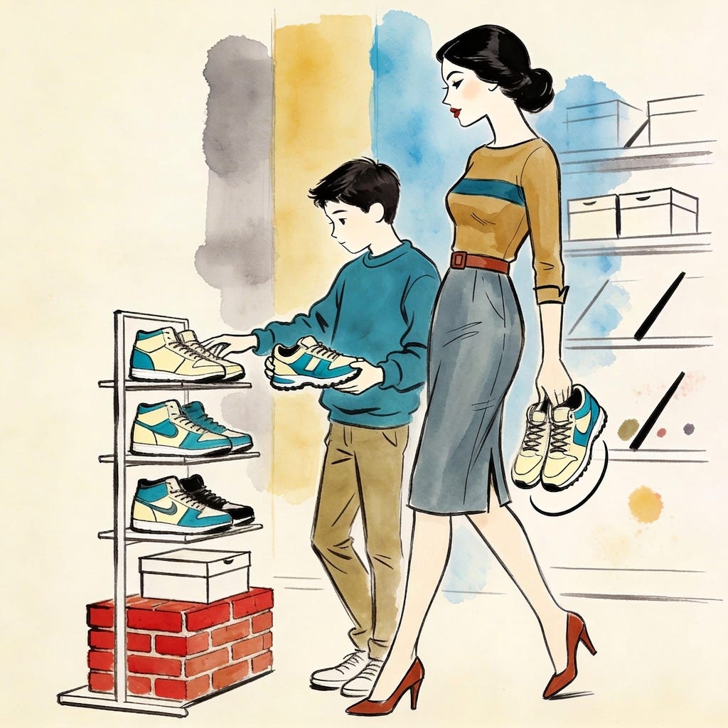 Figurín retro con madre en conjunto dos piezas ocre y gris eligiendo tenis con su hijo. Figurín retro con madre en conjunto dos piezas ocre y gris eligiendo tenis con su hijo.