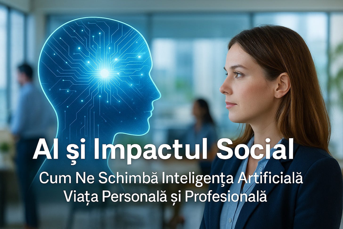 Ilustrație educativă despre AI: AI și Impactul social – Cum ne schimbă inteligența artificială viața personală și profesională