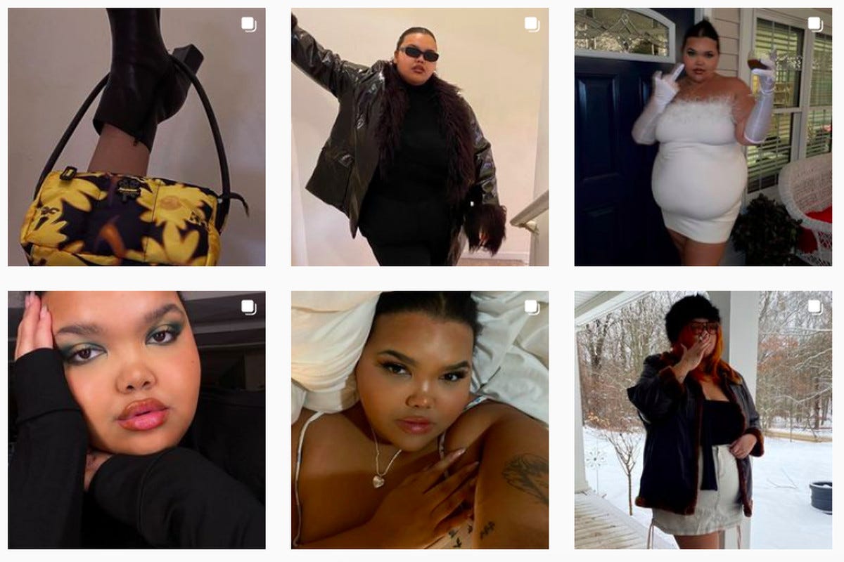 A grid of six photos of an Instagram fashion influencer.