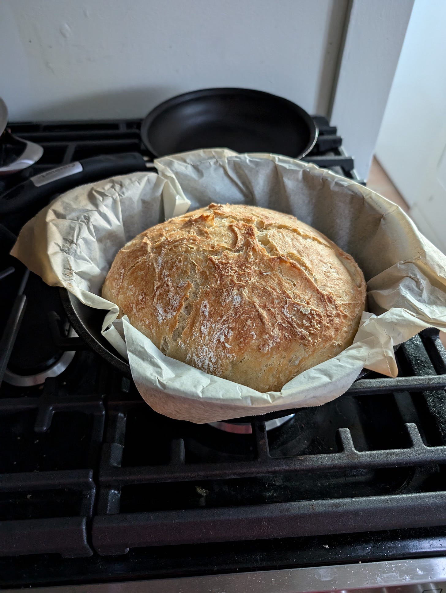 A round loaf of artisanal bread, with a crunchy exterior and dots of flour against a light-brown crust. The loaf is resting in a piece of parchment paper within a cast-iron skillet, set atop a gas stove.