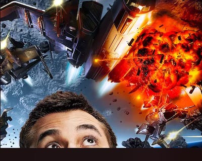 IMAGE: Photo of Chris Roberts gazes upwards at a spectacular space dogfight playing out in deep space, directly above his head. Image created by Zachary Scott for Wired magazine. IMAGE: Photo of Chris Roberts gazes upwards at a spectacular space dogfight playing out in deep space, directly above his head. Image created by Zachary Scott for Wired magazine.
