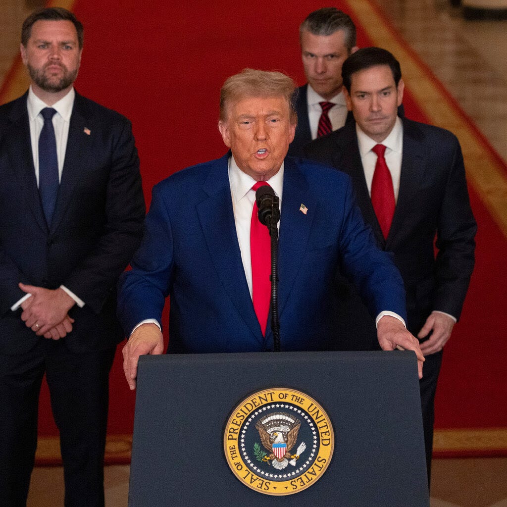President Trump speaking at a White House lectern, flanked by JD Vance, Pete Hegseth and Marco Rubio.