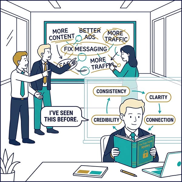 Dilbert-style comic showing a B2B marketing team focused on tactics like content, ads, and traffic while one person reads The Trust Signal Mystery and recognizes underlying brand trust signal patterns across consistency, clarity, credibility, and connection.