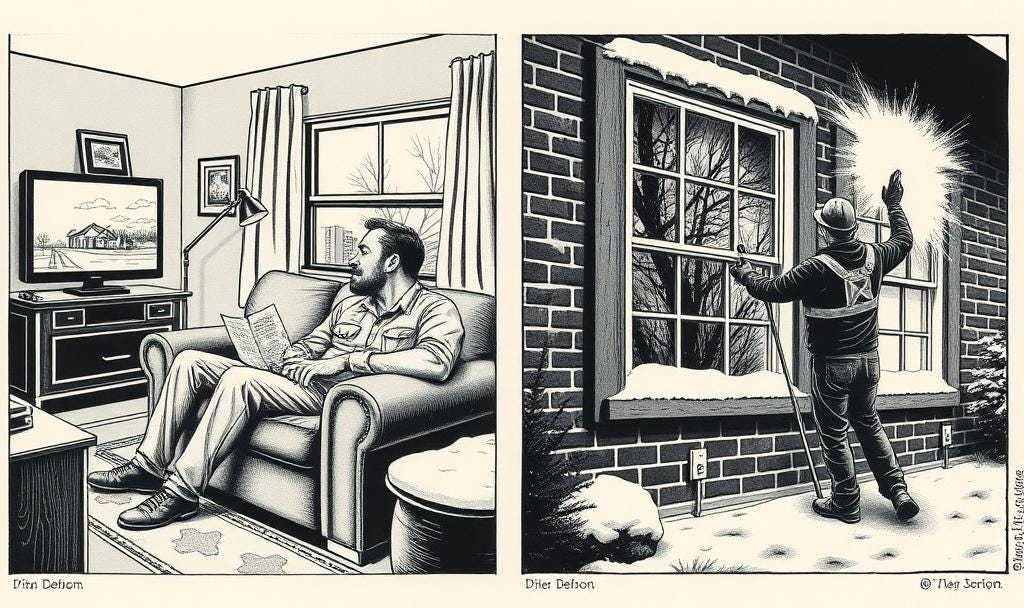 Left side shows a contractor slumped on a couch watching TV, right side shows same contractor actively washing exterior windows with snow on the ground