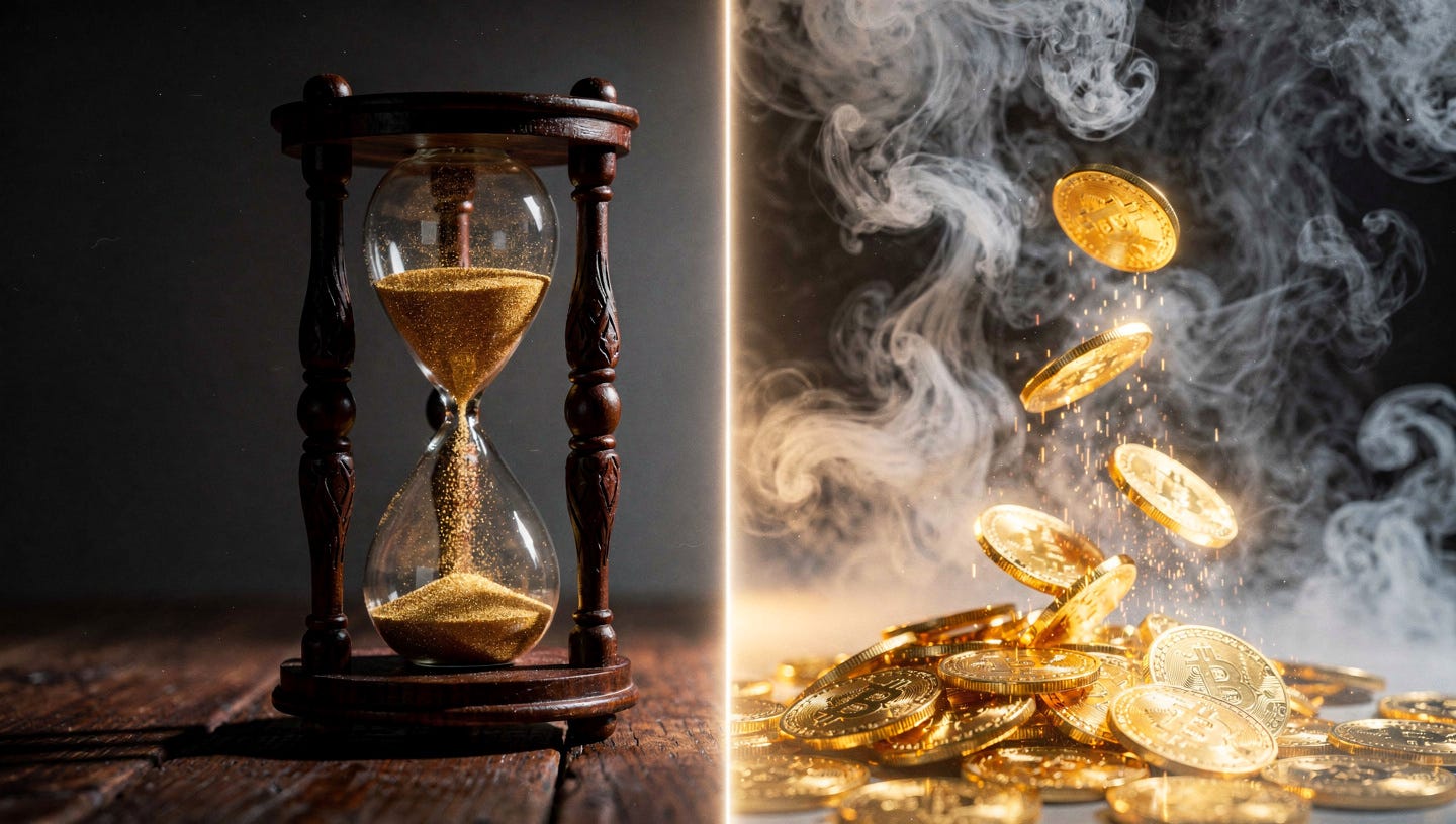 Una composición visual dramática y simbólica que muestra un contraste directo. A la izquierda, un reloj de arena tradicional de madera oscura y vidrio soplado, representando el tiempo y el trabajo duro, con arena dorada fluyendo lentamente a través de él. A la derecha, un espejismo brillante y etéreo de monedas doradas radiantes que se desvanecen visualmente en densas columnas de humo gris y blanco que se elevan y dispersan. La escena está dividida por una línea vertical de luz sutil. El entorno es fotorrealista y cinematográfico, con iluminación dramática y textura rica. No hay texto en la imagen. Una composición visual dramática y simbólica que muestra un contraste directo. A la izquierda, un reloj de arena tradicional de madera oscura y vidrio soplado, representando el tiempo y el trabajo duro, con arena dorada fluyendo lentamente a través de él. A la derecha, un espejismo brillante y etéreo de monedas doradas radiantes que se desvanecen visualmente en densas columnas de humo gris y blanco que se elevan y dispersan. La escena está dividida por una línea vertical de luz sutil. El entorno es fotorrealista y cinematográfico, con iluminación dramática y textura rica. No hay texto en la imagen.