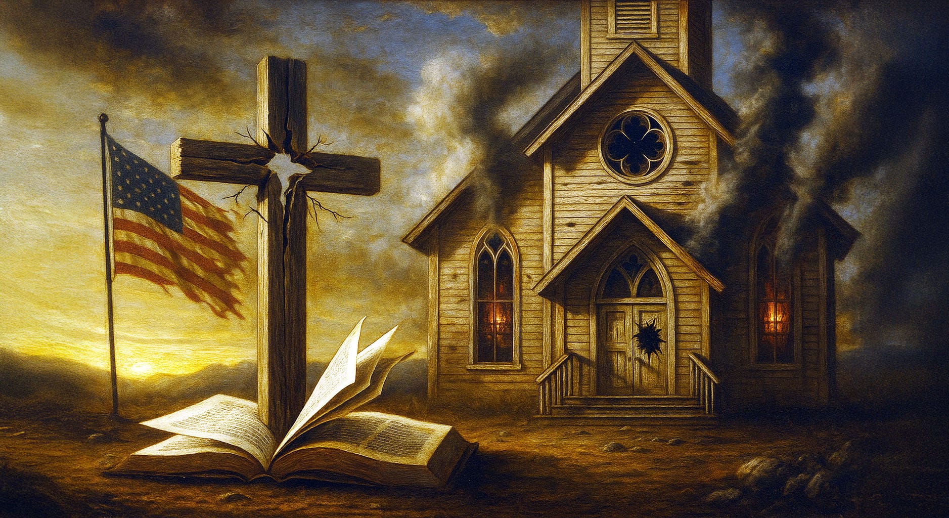 A cracked church cross and a faded American flag under a darkening sky, symbolizing the internal collapse of modern American Christianity.