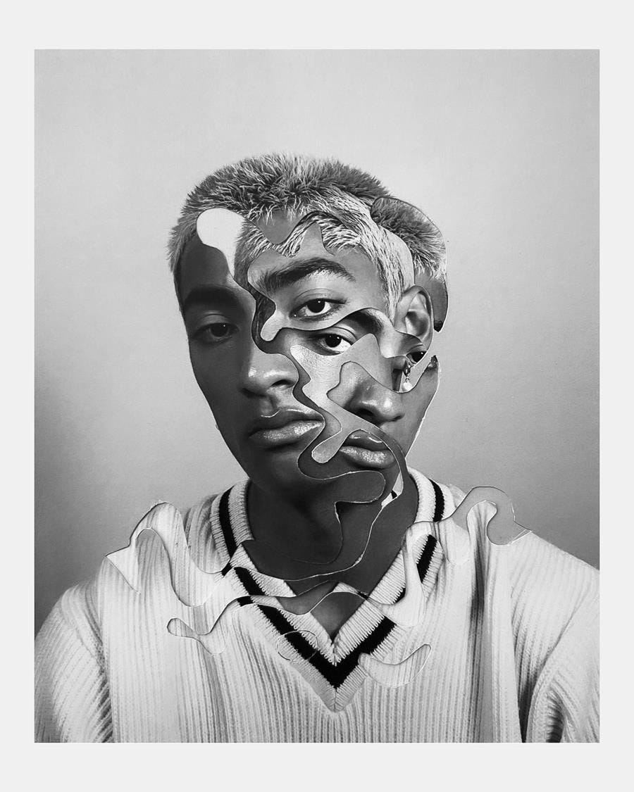 A black and white collage of a man by Gracia the Artist