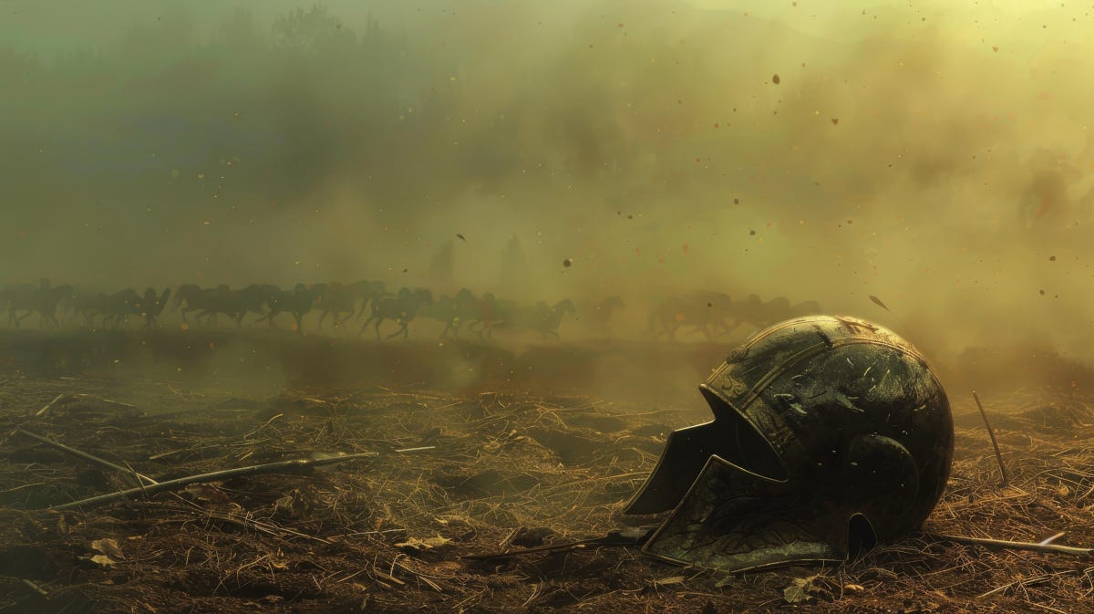 AI image of Spartan helmet in the mud after battle.