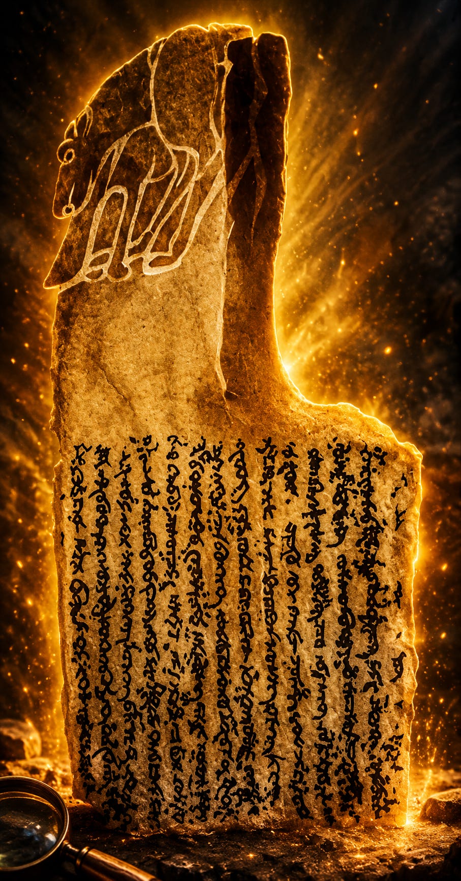A dramatically illuminated rendering of the ancient Bugut inscription, featuring weathered stone carved with dense Sogdian script and symbolic animal imagery near the top. The artifact glows with fiery gold light against a dark smoky background, emphasizing its mysterious Central Asian origins and the aura of a lost empire rediscovered.