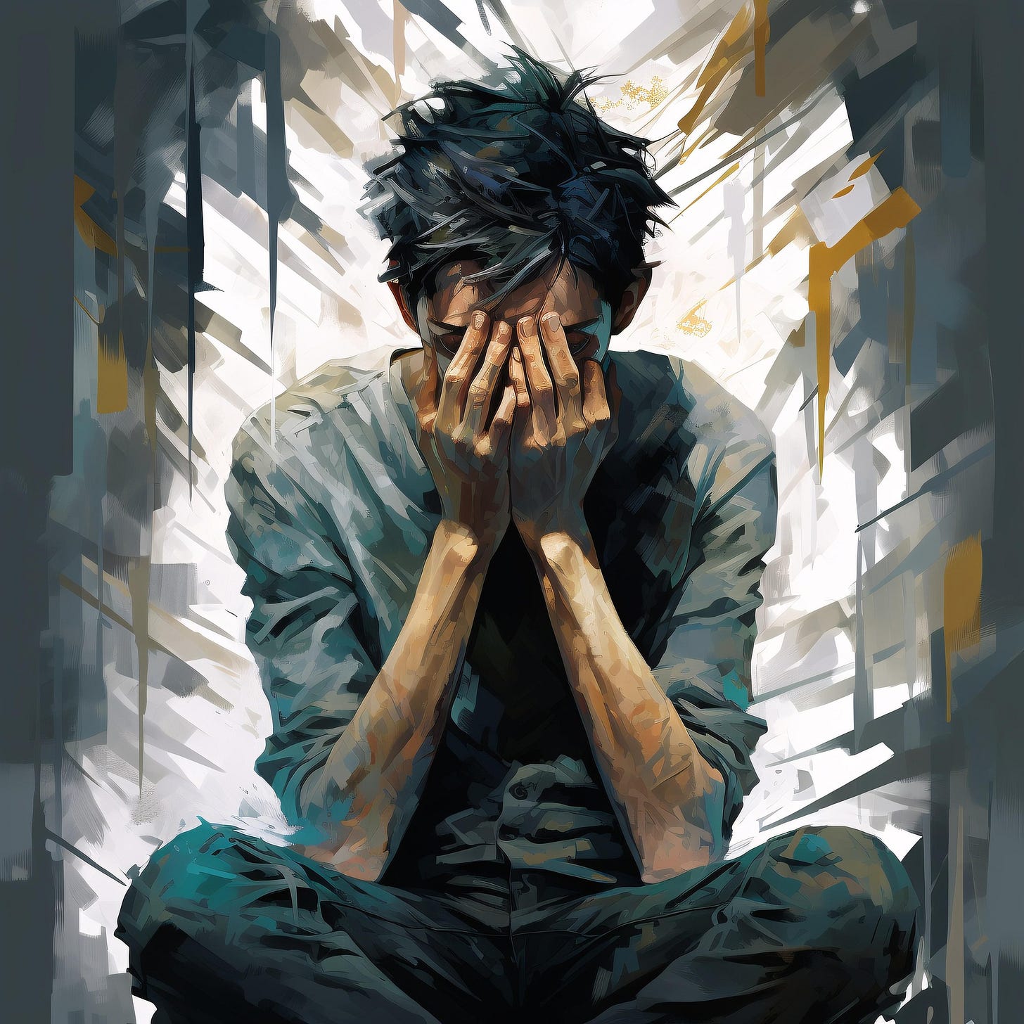 A digital illustration in a stylized, painterly aesthetic depicting a young man sitting cross-legged with his head buried in his hands. The style features heavy, visible brushstrokes and a muted color palette of blues and grays, contrasted against a fractured, abstract background of white, gold, and dark geometric shards that suggest a sense of emotional fragmentation or distress.