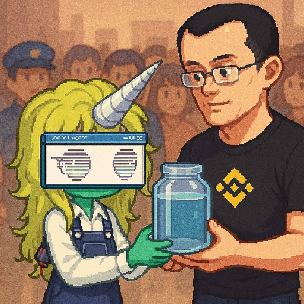 A colored anime-style image, telling a story. Main character is the blond girl with cypherpunk-terminal eyes attached (DataBabie-2979-no-bg.png).  The girl is receiving a transparent jar with 1L of water from a tall man, with the Binance logo on a black shirt. There are many spectators on the background, blurred, watching this happening, including one that is clearly a police officer.