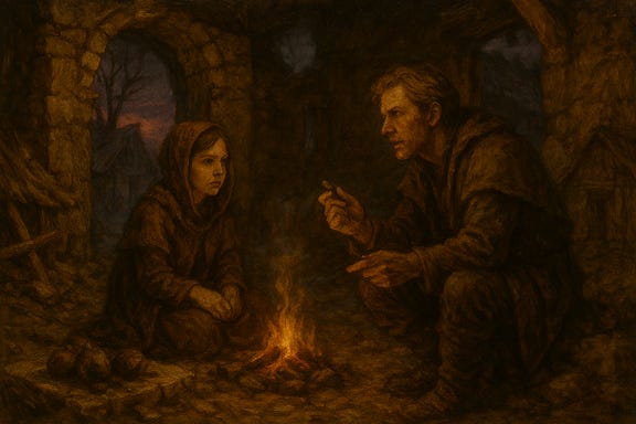 Inside a ruined house in the village of Zmei, a crumbling hearth glows faintly with dying embers. The stone walls are cracked and moss-covered, with broken beams overhead and frost creeping across the floor. Greegan, visually reminiscent of Matt Ryan, crouches near the hearth, holding a scorched turnip in one hand and gesturing with a flint in the other, his expression frustrated and animated. Arabelle, visually reminiscent of Cailee Spaeny, stands nearby with arms crossed, her face flushed with indignation, a half-burnt turnip in her hand. Her cloak is dusted with snow, and her boots leave prints in the ash. The firelight casts flickering shadows across the ruined interior, illuminating broken furniture and a collapsed roof beam. The atmosphere is tense, humorous, and steeped in survival.