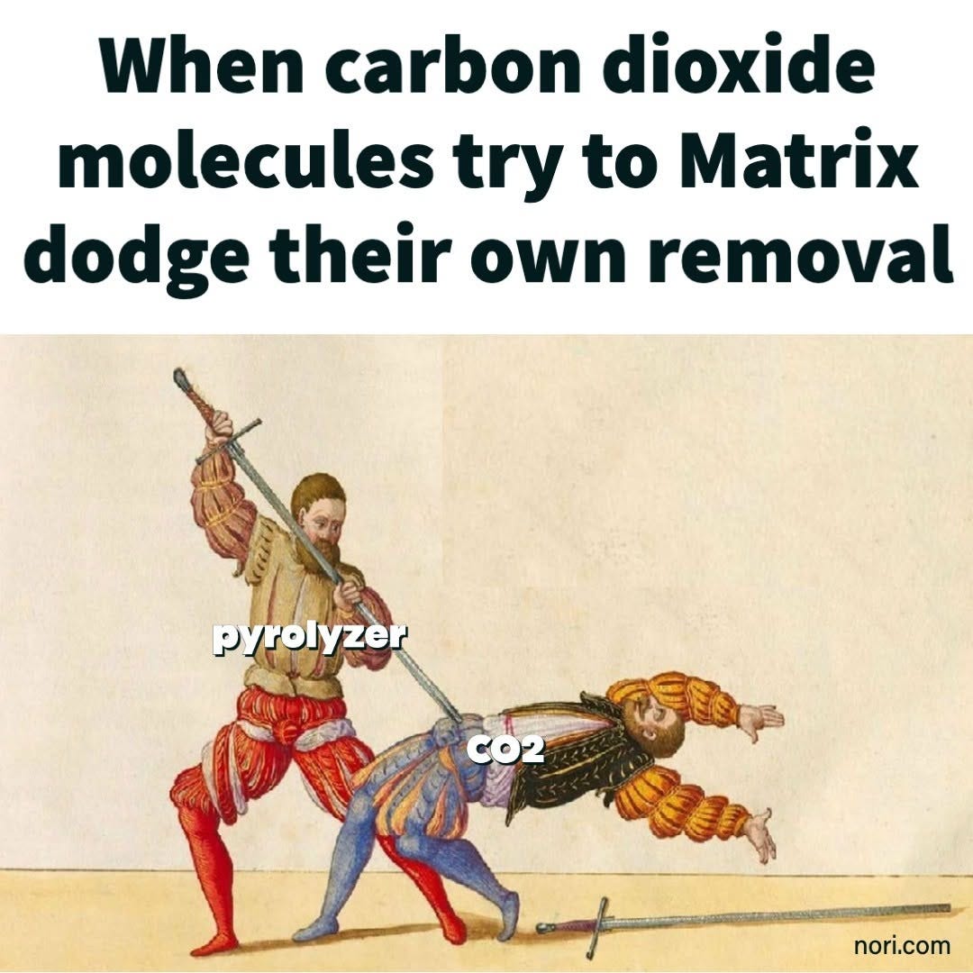 Text: "When carbon dioxide molecules try to Matrix dodge their own removal." Below, a medieval fencing illustration of one man, labelled "pyrolyzer", striking another, labelled "CO2", who leans far back.