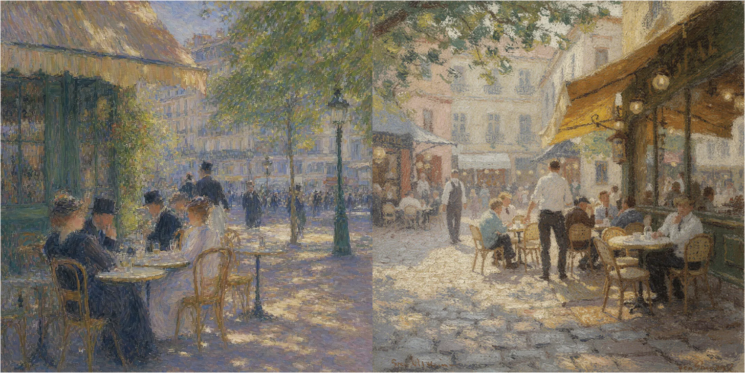 Prompt Example: Impressionist style afternoon café, loose brushstrokes, juxtaposed colors, trembling light and shadow, characters and buildings are handled in Monet’s style. Prompt Example: Impressionist style afternoon café, loose brushstrokes, juxtaposed colors, trembling light and shadow, characters and buildings are handled in Monet’s style.