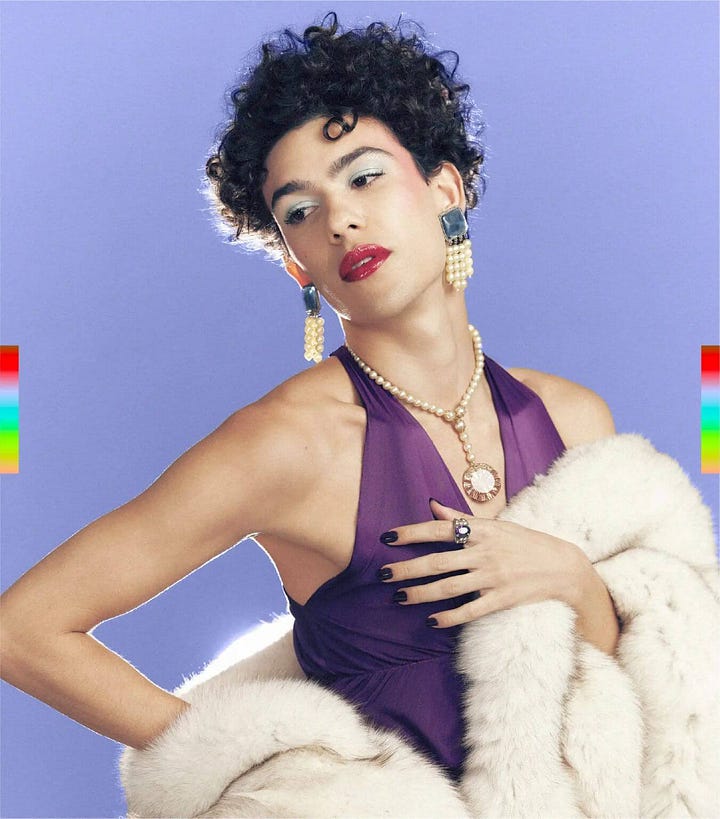 wo images from Studio NARI’s rebrand for MOST, Netflix’s LGBTQIA+ platform. One shows a model in glam styling against a lavender backdrop, representing queer expression. The other features a rainbow gradient flag with the Netflix logo flying against a clear blue sky.