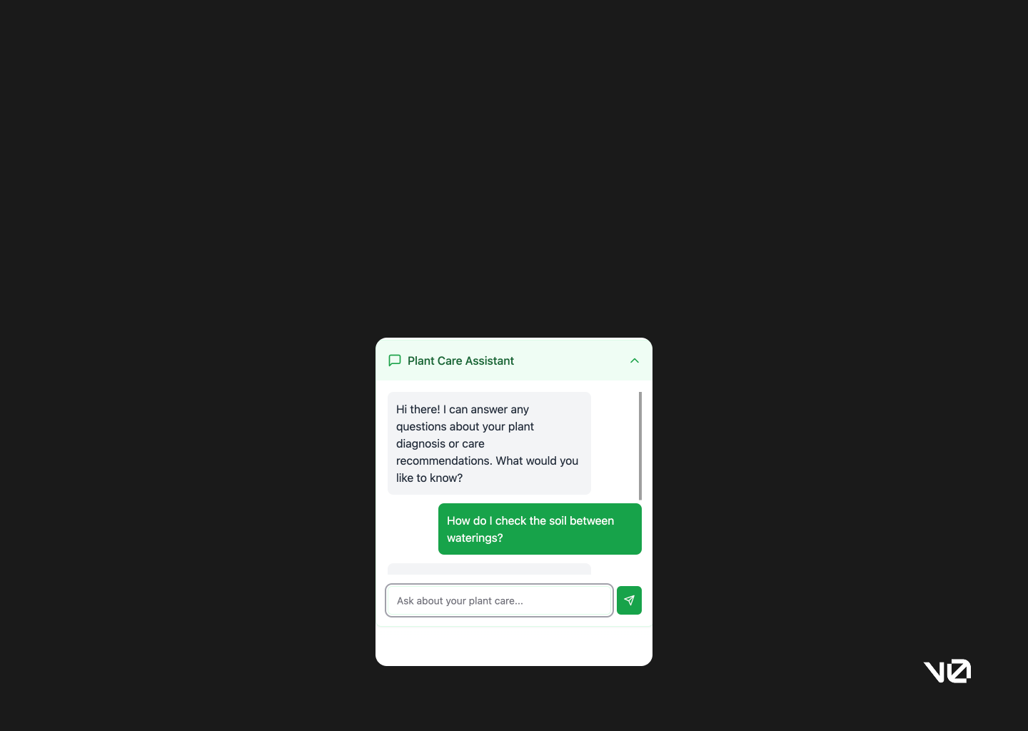 Plant Care Assistant chat, showing contextual prompt for further questions based on the Plant SOS diagnosis. Plant Care Assistant chat, showing contextual prompt for further questions based on the Plant SOS diagnosis.